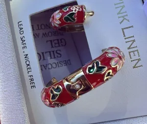 Pink linen round hoop clip earring gold tone red flower loop LEAD SAFE gift box🎁 thumbnail 2