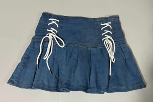 Blue White Jean Denim Tie-Up Pleated Mini Skirt Bottoms Size M 🩵🤍✨ thumbnail 1