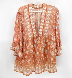 C&C California Boho Printed Ruffle Blouse Tunic Top deep v neck thumbnail 1