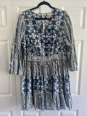 Not So Serious Tie Dye Tiered Mini Dress Womens Size 2X‎ Blue Boho Sequin Cotton thumbnail 1