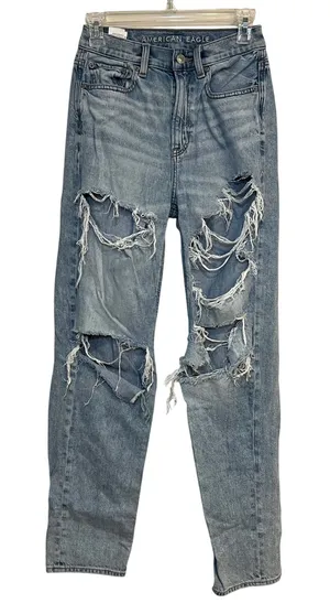 American Eagle Jeans High Rise Baggy Straight Distressed Light Wash‎ 00 Grunge thumbnail 1