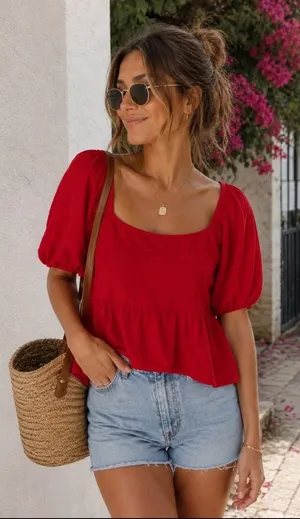 Madewell Red Puff Sleeve Square Neck Peplum Cotton Peasant Top Size XXS thumbnail 1