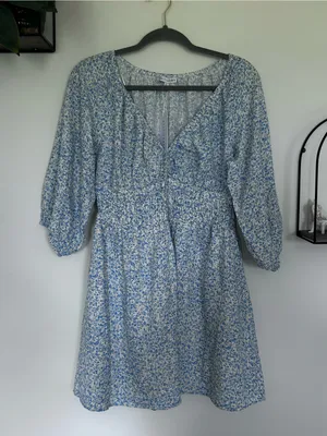 NWT Baltic Born Koa Blue Floral Print‎ Long Sleeve V Neck Short Mini Dress Large thumbnail 1