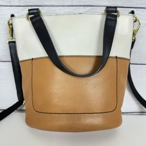 FOSSIL Amelia Bucket Purse Brown/Cream Two-Toned Leather Crossbody‎ Boho Western thumbnail 1