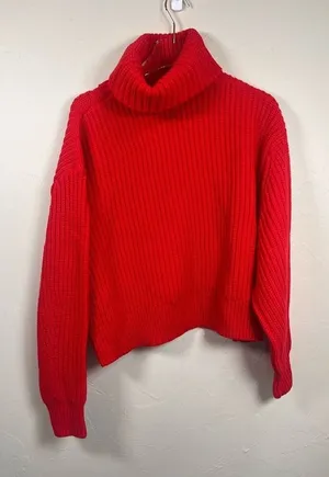 Lovers + Friends‎ Revolve Union Red Chunky Knit Cropped Mockneck Sweater size L thumbnail 1