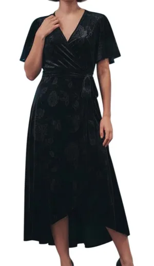 Velvet Burnout Wrap Dress‎ Black Large thumbnail 1