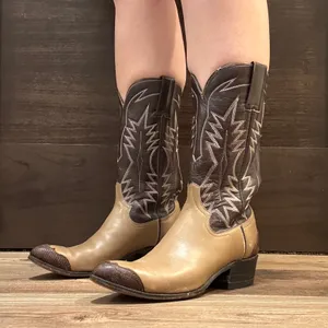 Vintage Brown Tan Leather Western Festival Wingtip Mid Calf Heeled Cowboy Boots thumbnail 3