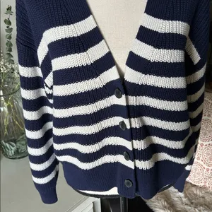 Gap shaker stitch Classic cotton navy white stripe nautical cardigan sweater M thumbnail 3