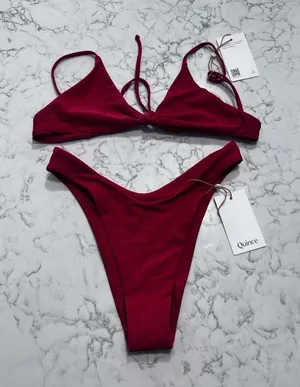 NWT Quince Cherry Red Knot Tie Bikini Top & High Leg Bottom Set Size XS thumbnail 1