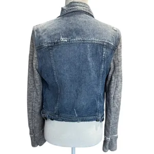 Free People Distressed Denim Jacket Mixed Fabric Knit Sleeve Moto Trucker Size M thumbnail 5