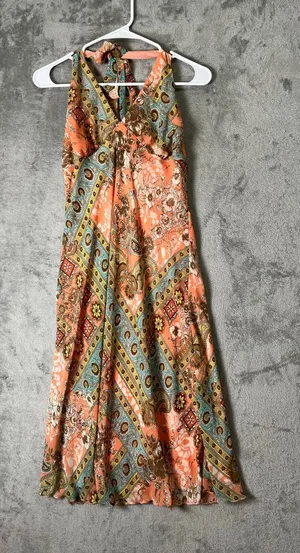 Vintage Paisley Floral Halter Maxi Dress Boho Hippie Festival Empire Waist 10 thumbnail 1
