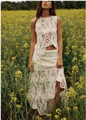 White Lace Two-Piece Skirt Set - Women's Summer Outfit size M thumbnail 1