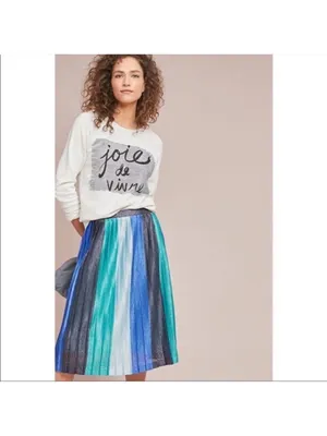 Maeve Anthropologie Sunburst Metallic Blue Pleated Midi Skirt Paneled Patchwork thumbnail 6