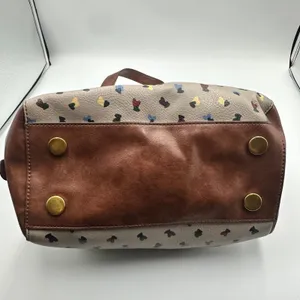Fossil Rachel Satchel Bag Taupe Heart Print Pebbled Leather Brown Trim Handbag thumbnail 11