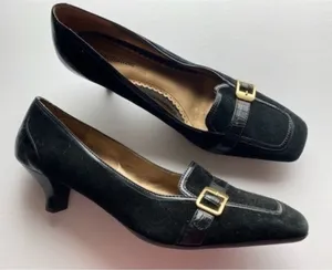 Naturalizer • Black Suede Buckle Square Toe Heels thumbnail 1
