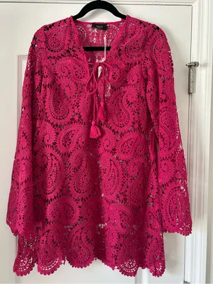 Vici Fuchsia Paisley Lace Crochet Long Sleeve Swim Cover-Up Mini Dress Front Tie thumbnail 2
