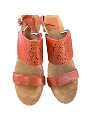 Tory Burch Womens Orange Gold Leather Wooden Wedge Sandals Size 9 Boho Preppy thumbnail 10