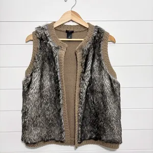 Ann Taylor Vest Women Brown‎ Faux Fur Open Front Knit Size L P thumbnail 3