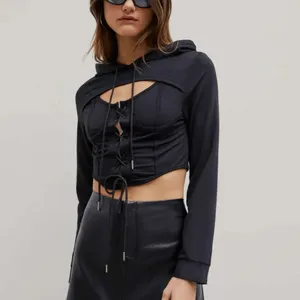 CIDER Black Goth Lace Up Corset Style Sweater Long Sleeve Cropped Top XS NWT thumbnail 7