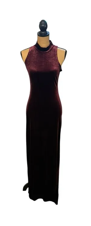 MINKPINK Women M Burgundy Velvet Maxi Dress Mock Neck Whimsigoth Gothic Slit thumbnail 1