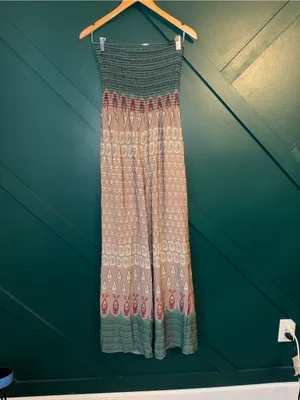 Audrey Boho Strapless Open Back Wide Leg Jumpsuit Green Taupe Print thumbnail 3