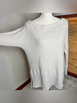 American Eagle Oversized Waffle Knit Long Sleeve Sweater Small Oatmeal Beige Tan thumbnail 3