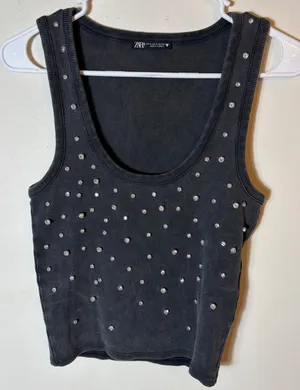 Zara Embellished‎ Tank Top Ribbed Knit Rhinestone Gray Size Medium thumbnail 1