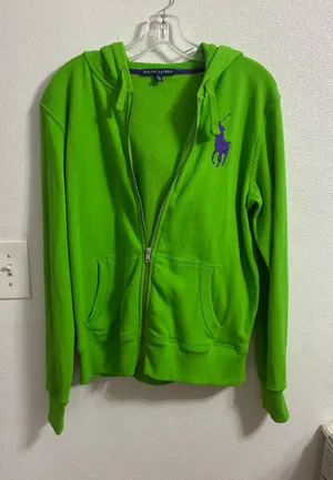 Ralph Lauren Bright Green Zip-Up Hoodie with Purple Polo size L thumbnail 1