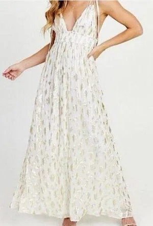 Altar'd State Vanessa Maxi Dress White & Metallic Gold Grecian Goddess Dress, M thumbnail 1