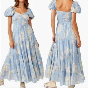 NWOT Free People Sundrenched Floral Tiered Maxi sky blue combo Sundress sz M thumbnail 2