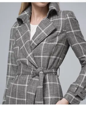 White House Black Market Gray Plaid Belted Trench Coat thumbnail 2