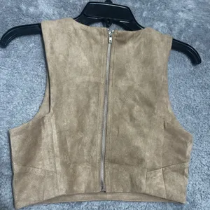 Olivaceous Crop‎ Top Womens Medium Tan Brown Faux Suede V-Neck Full Back Zip thumbnail 7