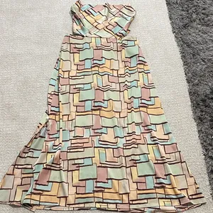 12th Tribe Geometric Block Print Maxi Dress in Beige, Mint & Terracotta Size L thumbnail 4