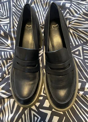 Marc Fisher Black Leather Penny Loafers with Chunky Gray Sole thumbnail 1
