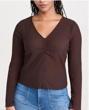 Madewell Shirred V-Neck Long-Sleeve Brushed Ruched-Front Top Size M thumbnail 1