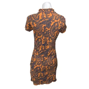 Urban Outfitters Orange Blue Floral Paisley Short Sleeve Mini Bodycon Dress Sz M thumbnail 2