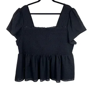 Torrid Sz 3X Black Square Neck Smocked Eyelet Peplum Top Short Sleeve thumbnail 1