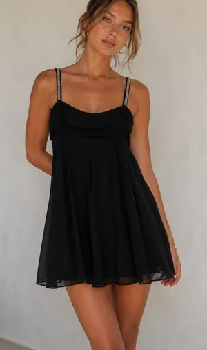 Mango Black Silk A Line Mini Dress Beaded Strap Y2K Womens 6 Party Babydoll thumbnail 1