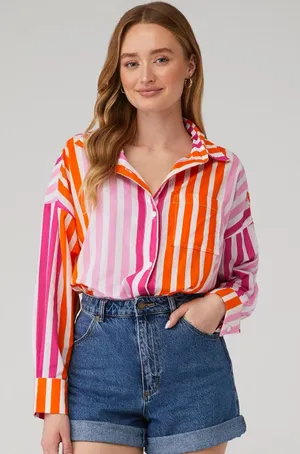 Beach Riot Alexa Stripe Lightweight Cotton Button Down Sunset Size S/M thumbnail 1
