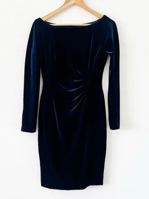Lauren Ralph Lauren Navy Blue Velvet Ruched Cocktail Dress thumbnail 2