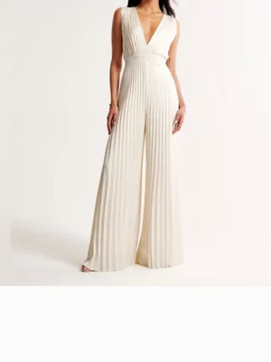 NEW $140 ABERCROMBIE & FITCH Giselle Pleated Jumpsuit In White Satin Silky thumbnail 5