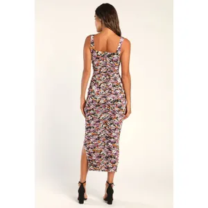 NWT Lulus V.I.P. Treatment Black Floral Mesh Ruched Bodycon Midi Dress Cruise M thumbnail 3