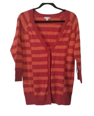 Caslon Womens Striped Button-Front Cardigan Sweater Medium Red & Orange thumbnail 1