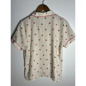 LG Cherry Print Pajama Top Cream Red Piping Short Sleeve Button Down Girly thumbnail 5