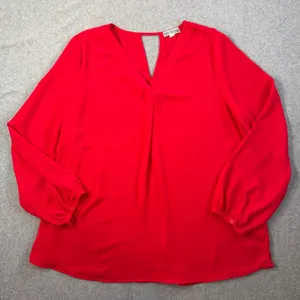 Pleione Women's XL Red Long Sleeve V-Neck Blouse Keyhole Back Top thumbnail 1