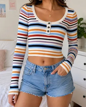 American Eagle Striped Ribbed Knit Crop Top Henley Long Sleeve XS thumbnail 1