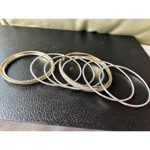 Mixed Metal Rhinestone Stackable Bangle Bracelet Set Gold Silver Tone‎ 8pc 7.75" thumbnail 2