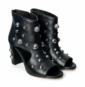 Fabrizio Chini Black Leather Studded Peep Toe Ankle Booties Made in Italy thumbnail 1