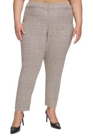 NWT Calvin Klein Plus Size Plaid Ankle Pants X38P6037 16W Luggage Multi Brown thumbnail 1