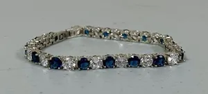 Silver Blue Sapphire Diamond Round Gemstone Tennis Bracelet Jewelry 💙 thumbnail 2